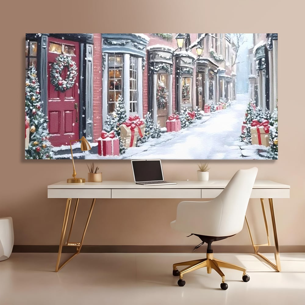 Tablou canvas cu tablou canvas cu strada urbana de iarna, fara rama, pe sasiu de lemn, pe perete intr-un birou